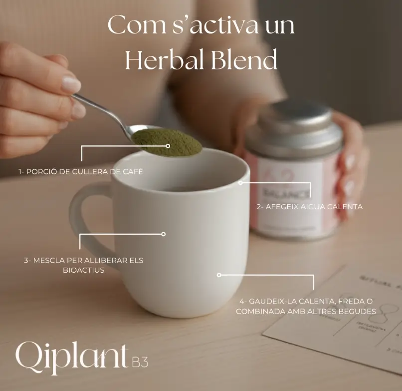 Cómo se activa un Herbal Blend de Qiplant: cucharada de polvo, agua caliente, mezclar y disfrutar